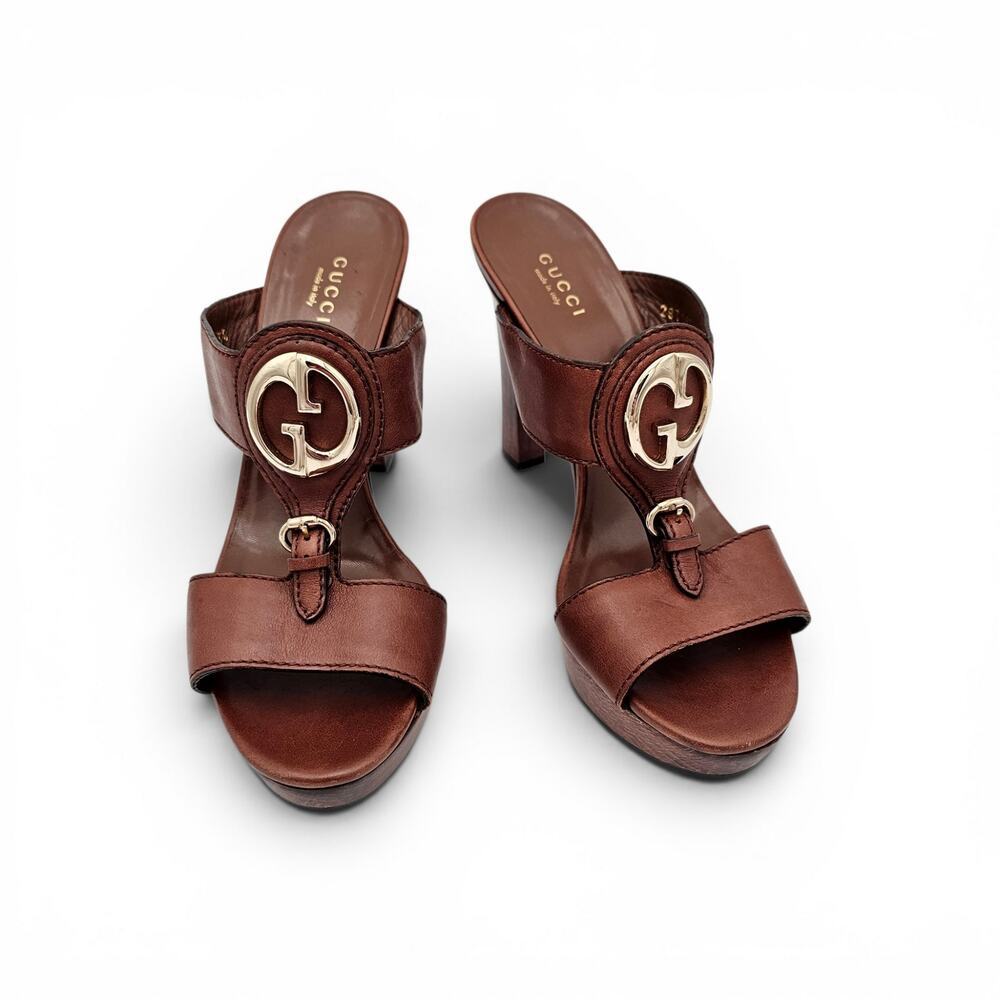 Gucci GG Logo Platform Heel Sandal Wood Cognac Brown Leather Silver Size 38 US 8